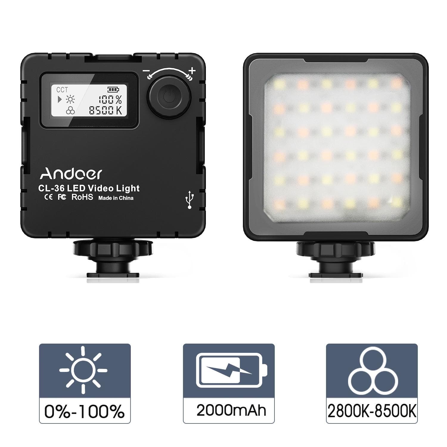 CL-36 Mini Bi-color LED Video Light 2800K-8500K Dimmable Built-in Rechargeable Battery LCD Display Vlog Fill Light for DSLR Camera black