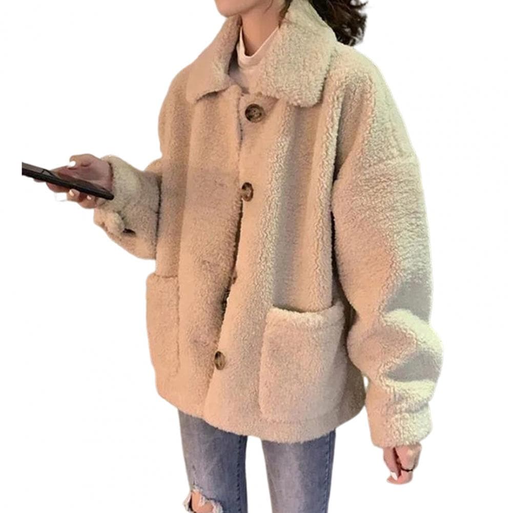 Solid Color Women Jacket Stylish Turn-down Collar Winter Coat with Pockets Thick Fleece for Women Single-breasted for Outdoor S apricot