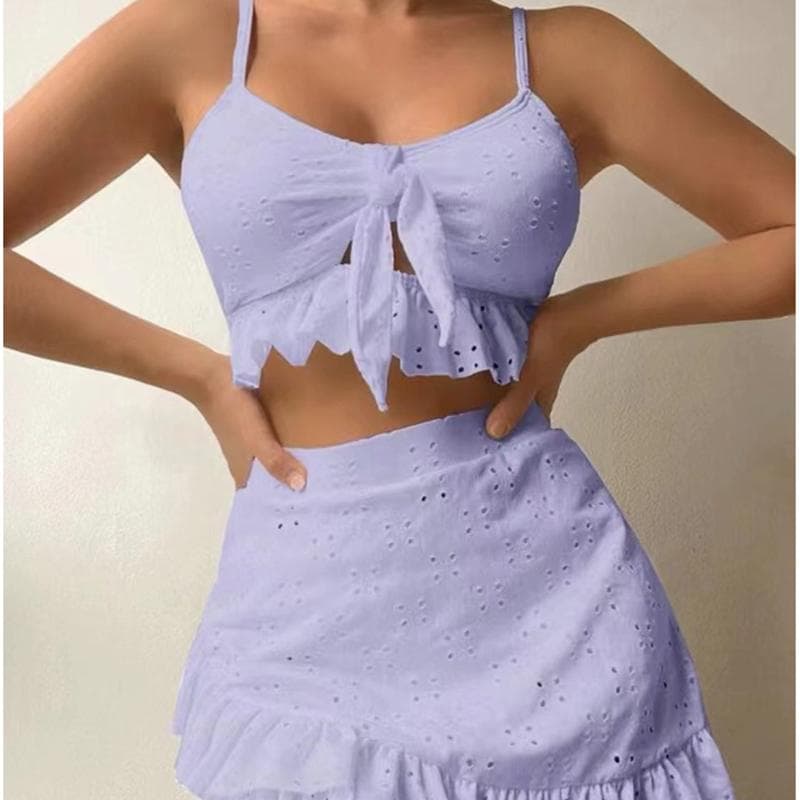 Solid Bikini Set High Waist Mesh Beach Style Swimwear Women Three-piece Flounce Summer Swimsuit Biquini Bathing Suit M purple