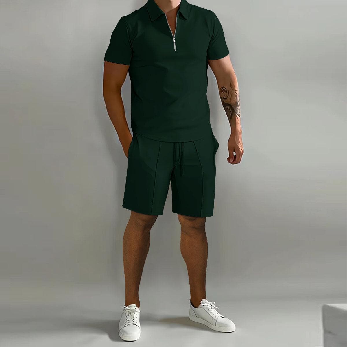 2023 Summer Men's Casual Polo and Shorts Sports Suit - European and American Style 2XL dark green