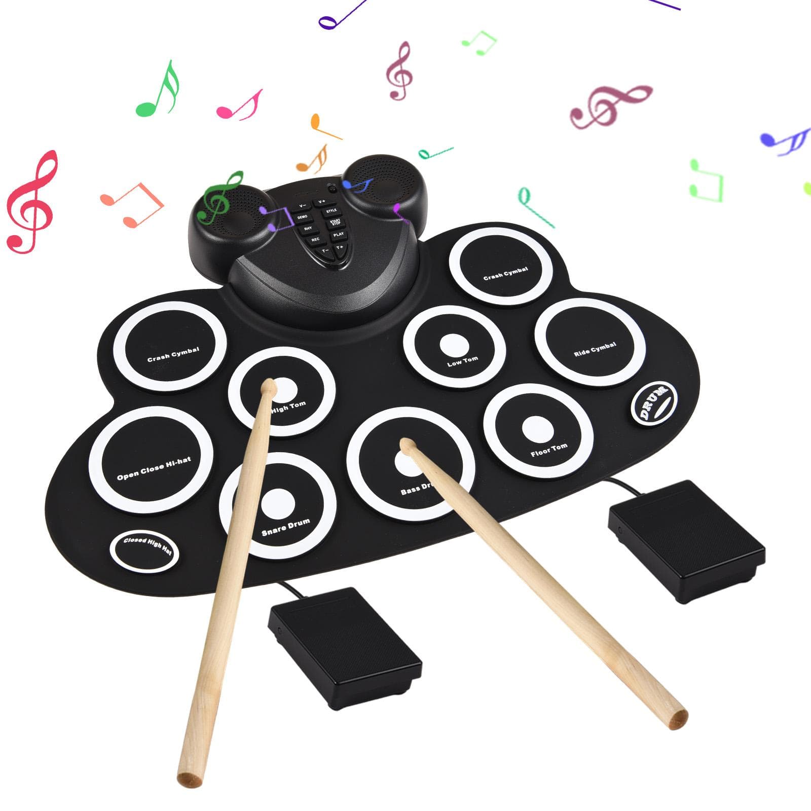 Electronic Drum Set Hand Roll Drum Set with Drumsticks Foot Pedal 9 Pads Dual Speaker Rechargeable black