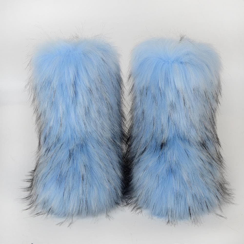 Women's New Winter Fur One-piece Imitation Raccoon Fur Warm Snow Boots Furry Shoes Outdoor Boots 38 light blue