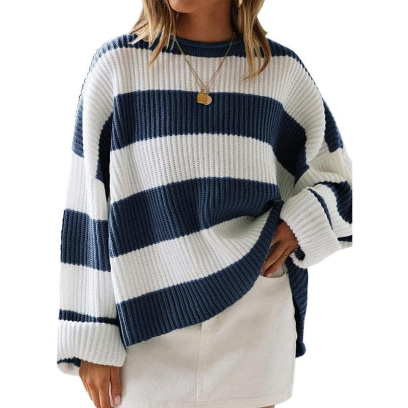Crew Neck Long Sleeve Striped Knitted Sweater European and American Women's Clothing Horn Sleeve Loose Sweater Women XL