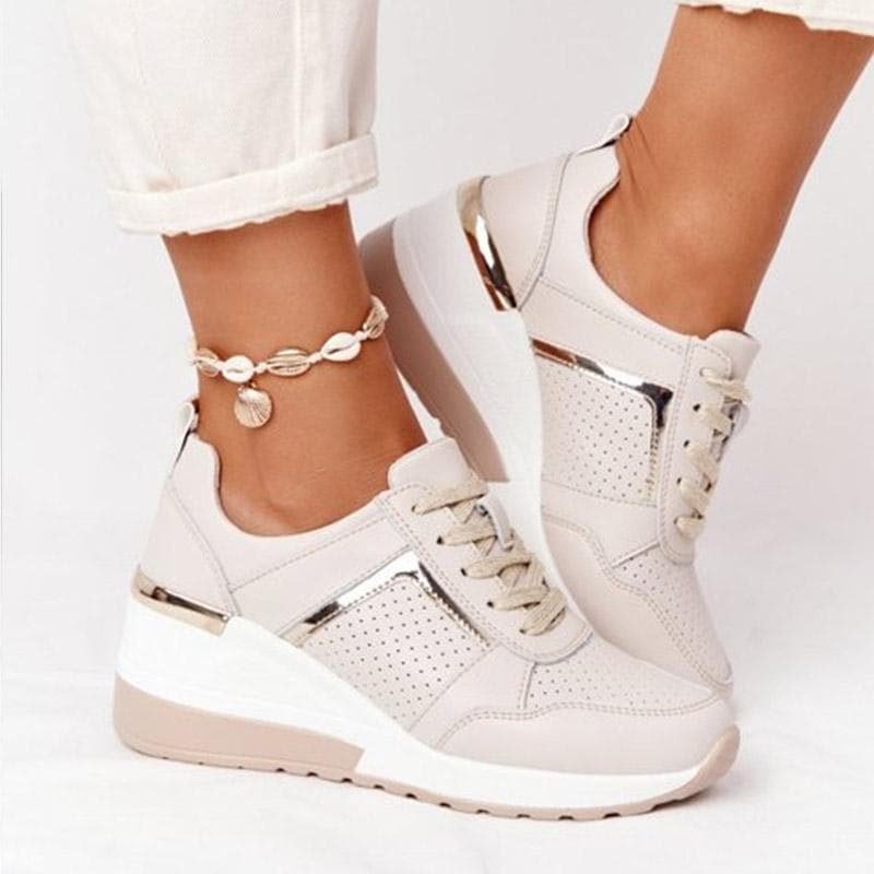 Women Shoes Breathable Leather Lace-Up Sneakers Wedge Sports Shoes Women's Vulcanized Shoes Casual Platform Ladies Office Flat88 39 beige