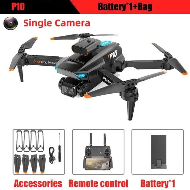 New P10 Drone ESC HD Camera WiFi FPV Double Folding Remote Control Quadcopter Height Keeper Obstacle Avoidance Aircraft Toy Gift Single camera 3 battery black