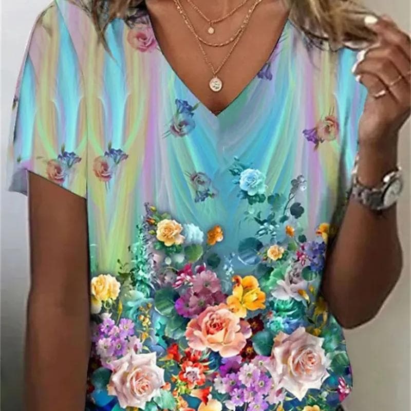 Fashion Women'S T-Shirt 3d Flowers Print Clothing V-Neck Short Sleeve Tops Summer Harajuku Ladies Pullover Oversized Female Tees 3XL