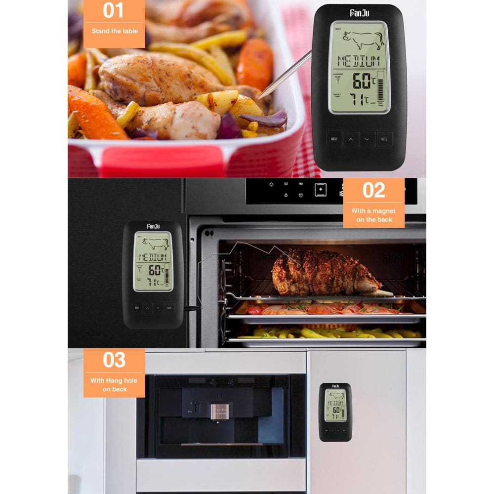 FanJu FJ2245 Digital Cooking Grill Thermometer with Wireless Remote Magnetic Back Stainless Steel black