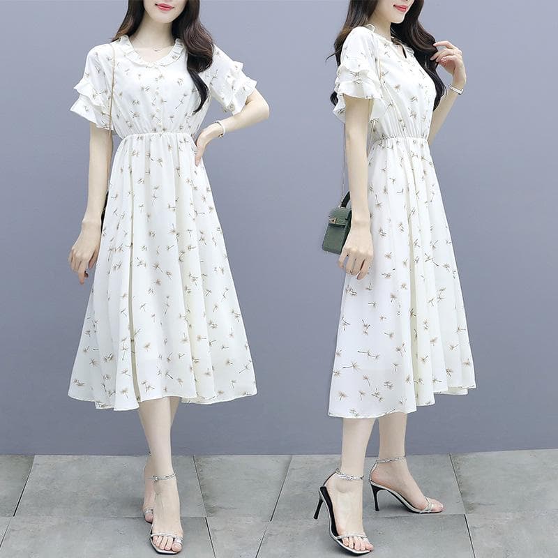 Women's Summer 2023 French Floral Chiffon Dress - Slim Temperament Long Skirt S apricot