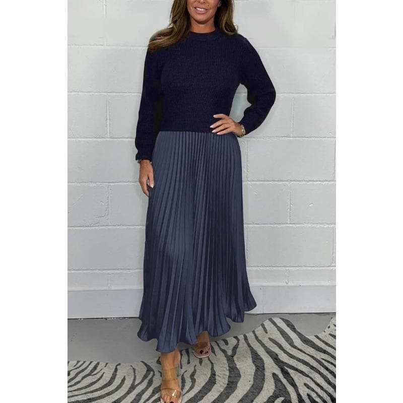 Women's Plus Size Autumn Solid Color Knitted Long Sleeve Patchwork Pleated Dress S blue