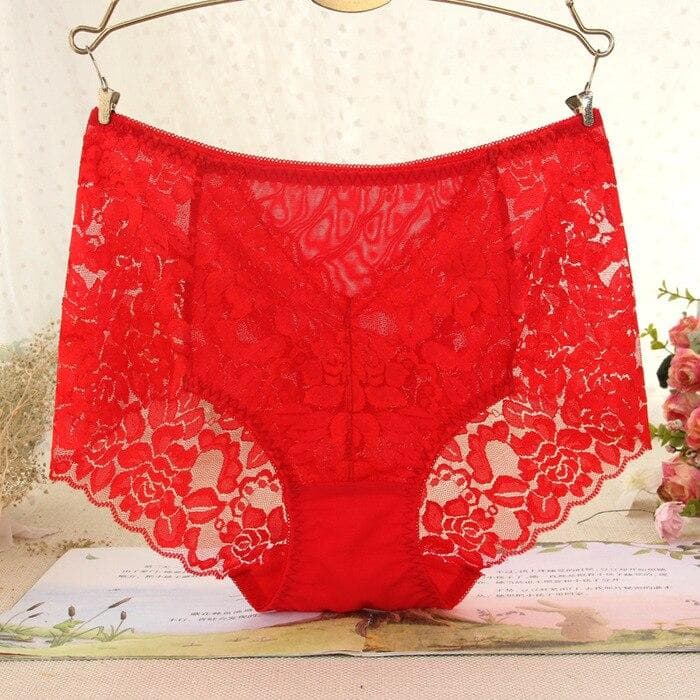 Ladies Sexy Mesh Panties High-waist Seamless Lace Underwear Briefs Transparent Silk Women Cotton Health Knickers Lingerie XXXL XXXL&1pc red