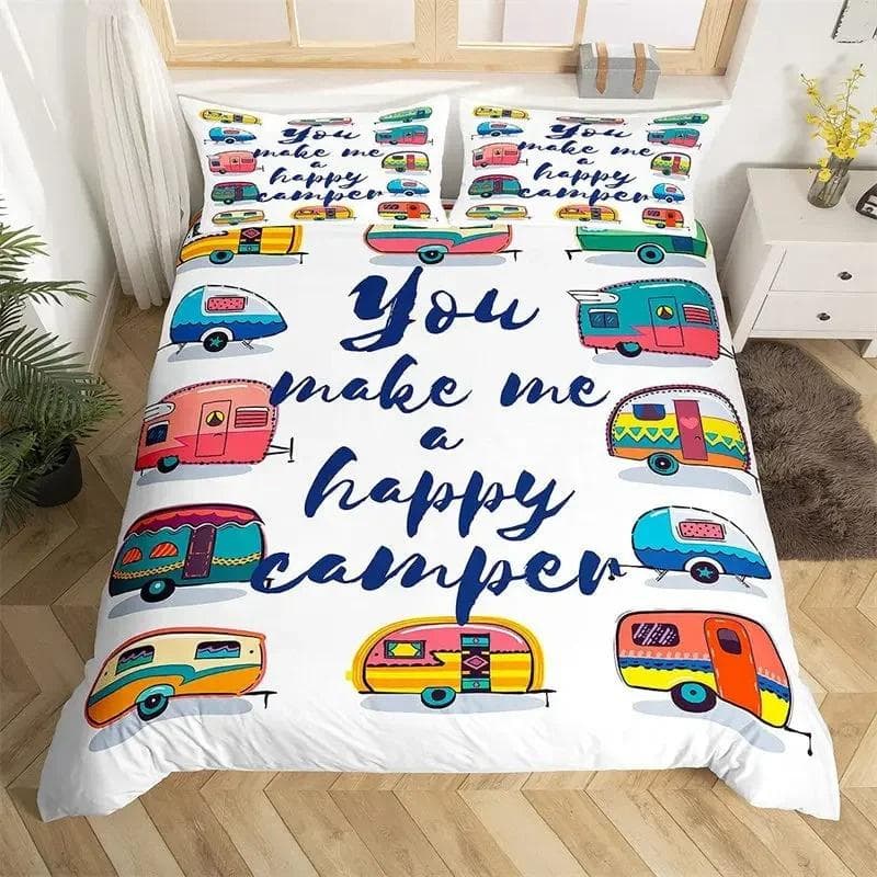 Happy Camping Duvet Cover Queen Cartoon Caravan Camping Bedding Set Farmhouse Style 3D Camper Comforter Cover With Pillowcases 150x200cm 3pcs