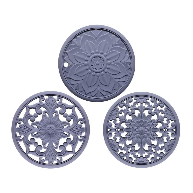 3pcs/Set Silicone Tableware Mat Vintage Hollow Carving Silicone Pad Heat-insulated Bowl Cup Pot Placemat Home Table Decor 16cm light grey