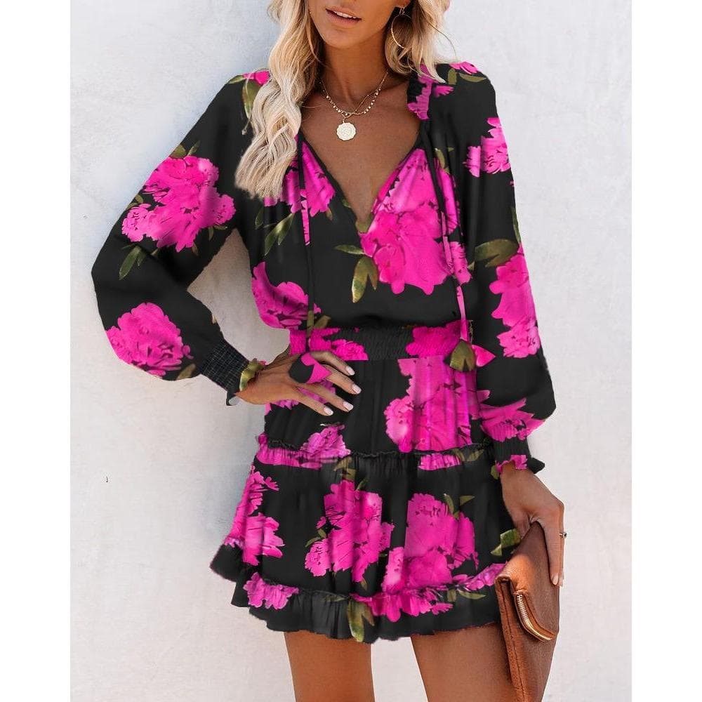 IHUASU Summer Color Contrast Long-sleeved V-neck Fashion Print Waist Dress S
