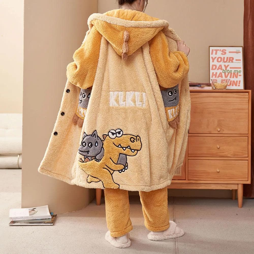 Winter Women Nightgown Nightgown Robe 6XL Plus Size Sleepwear with Pant Thick Warm Flannel Kimono Bathrobe Set Coral Home Cloth 5XL