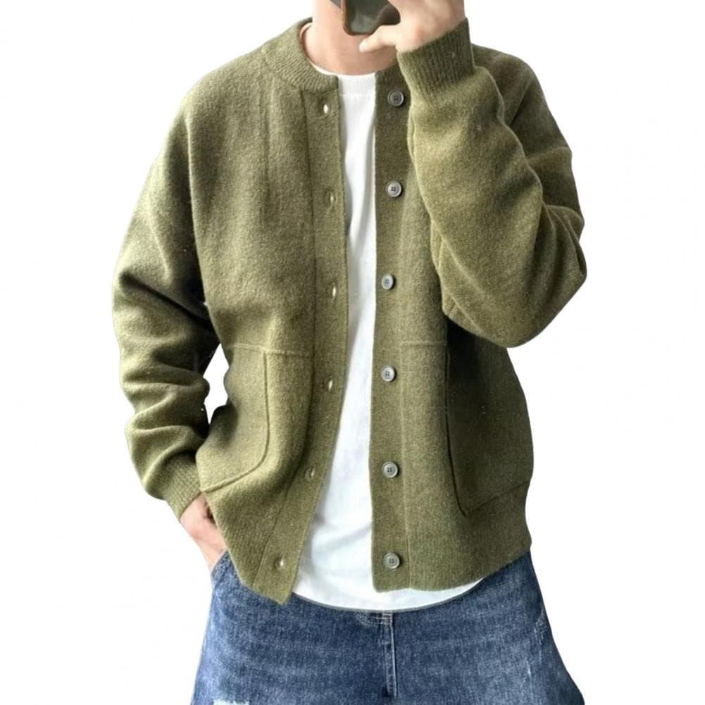 Men Knitwear Round Neck Long Sleeves Single-breasted Pure Color Cardigan Knit Coat Loose Daily Wear School Sweater Jacket M green