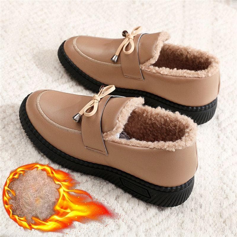 Winter Cotton Shoes with Women's Leather Surface Waterproof and Velvet Flat Bottom Warm and Middle-aged and Elderly Short Boots 40
