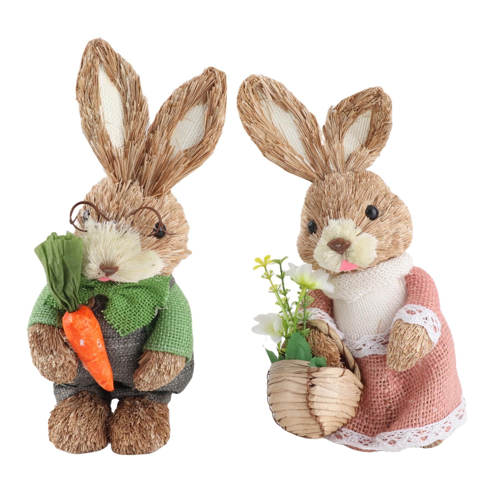 2pcs Mini Straw Bunny 25cm Cute Easter Bunny Couple Figurines for Home Table Spring Decoration D brown