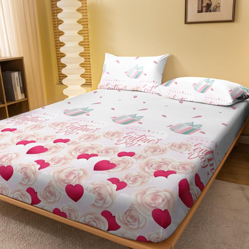 1 Simple Modern Plant Flower Heart-Shaped Printed Matte Fitted Sheet, Bedroom Printed Bed Cover, Bedding (Excluding Pillowcases) 71x132cm