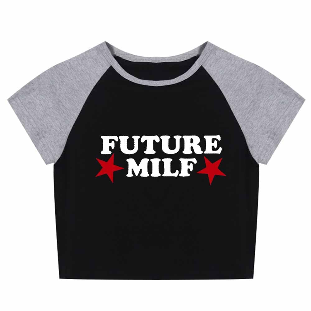 Summer Graphic Streetwear T-Shirt Y2k Crop T Shirts Future Milf Star Fashion Women Crop Top Harajuku Streetwear Slim T Shirt M black