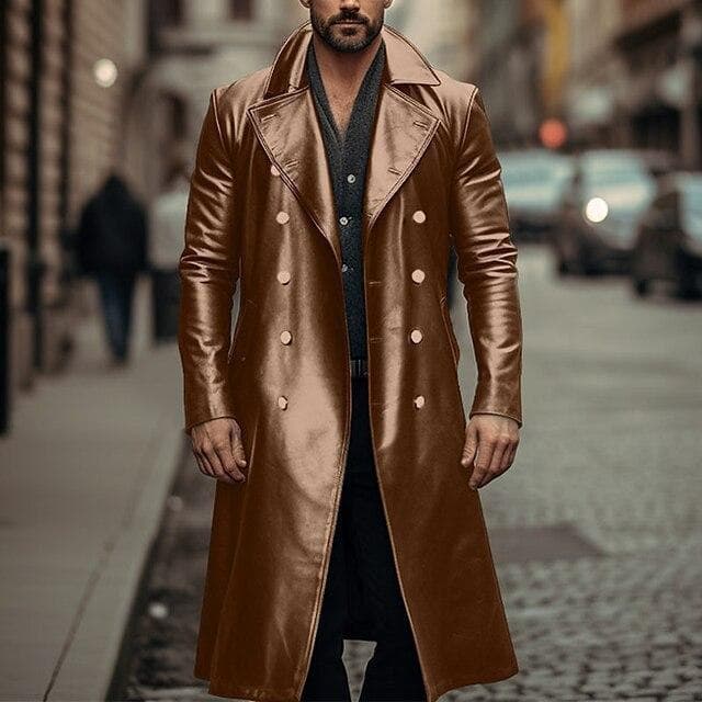 New Autumn and Winter Long Leather Trench Coat for Men, Double Breasted Leather Jacket, Leather Coat for Men 3XL