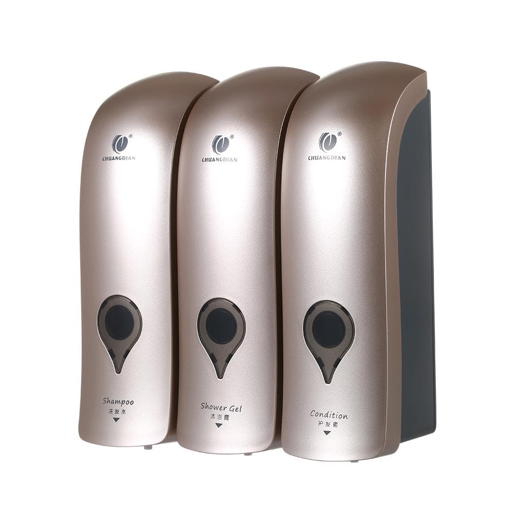 CHUANGDIAN Manual Soap Dispenser 3 Chamber x 300ml/ 10.2oz Wall Mounted Liquid Shampoo Box Shower gold/champagne