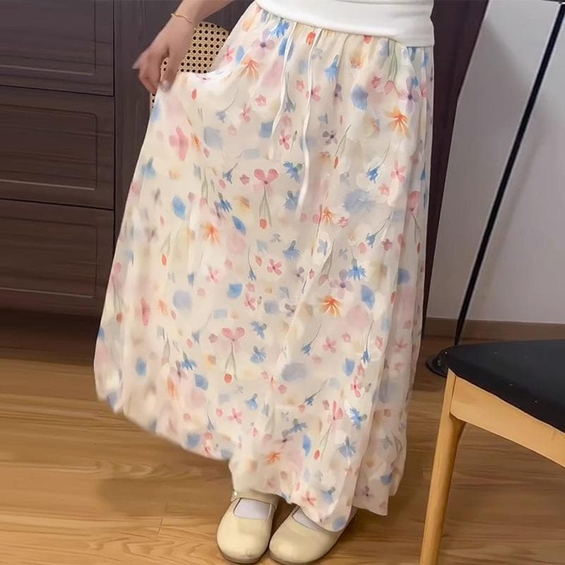 Colorful Fluffy Flower Bud Skirt for Women In Summer New High-waisted Slim A-line Skirt Gentle Style Floral Ice Silk Lantern Skirt L multicolour