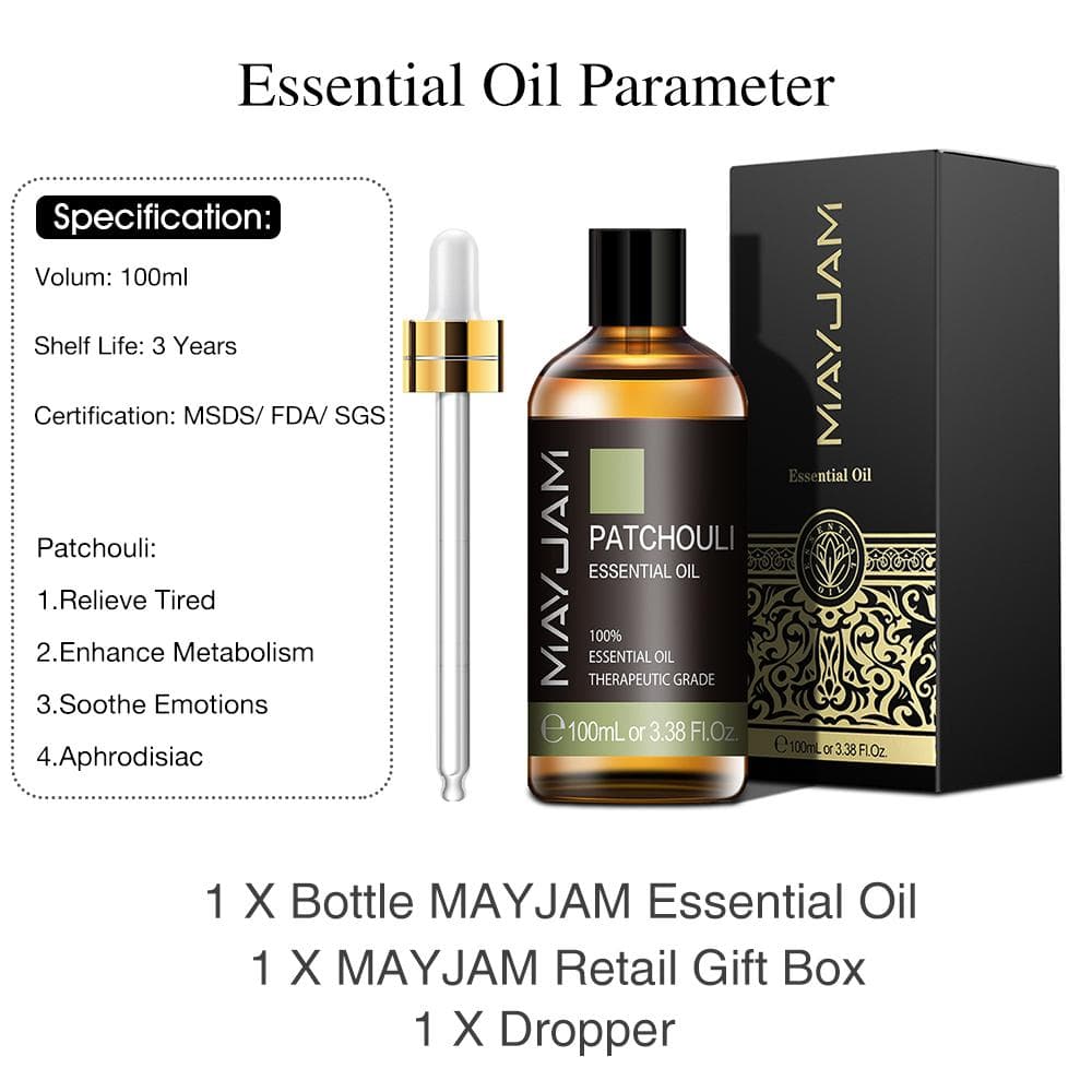 MAYJAM 100ML Vanilla Lavender Eucalyptus Pure Plant Extract Essential Oil for Air Fresh Diffuser Sterilization Boost Immunity Spa Massage Oil Patchouli