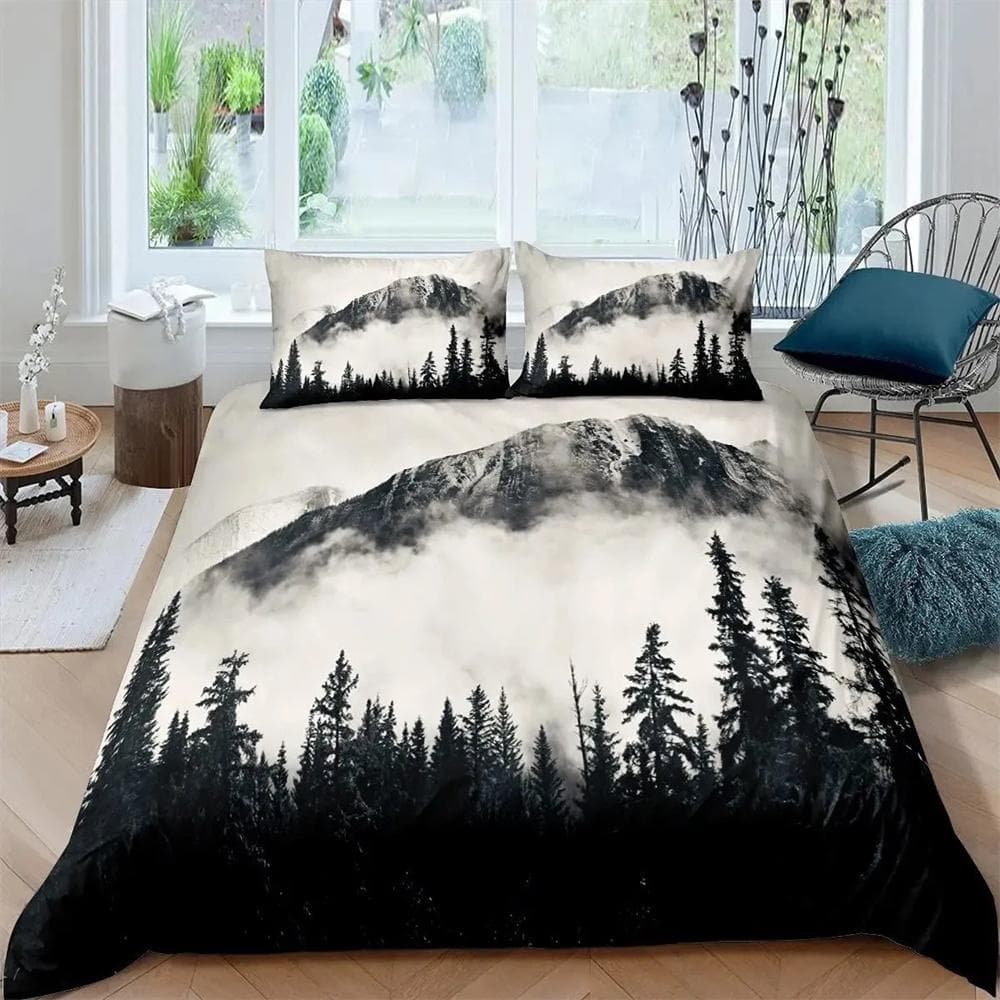 Smoky Mountain Duvet Cover Set Misty Forest Bedding Set Full Queen Size Grey Trees Natural Scenery Art Comforter Cover 135X200cm-2pcs