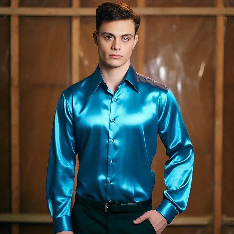 Men's Satin Luxury Dress Shirts Fashion Smooth Male Tuxedo Shirt Solid Wedding Party Prom Nightclubs Shirt XXL blue