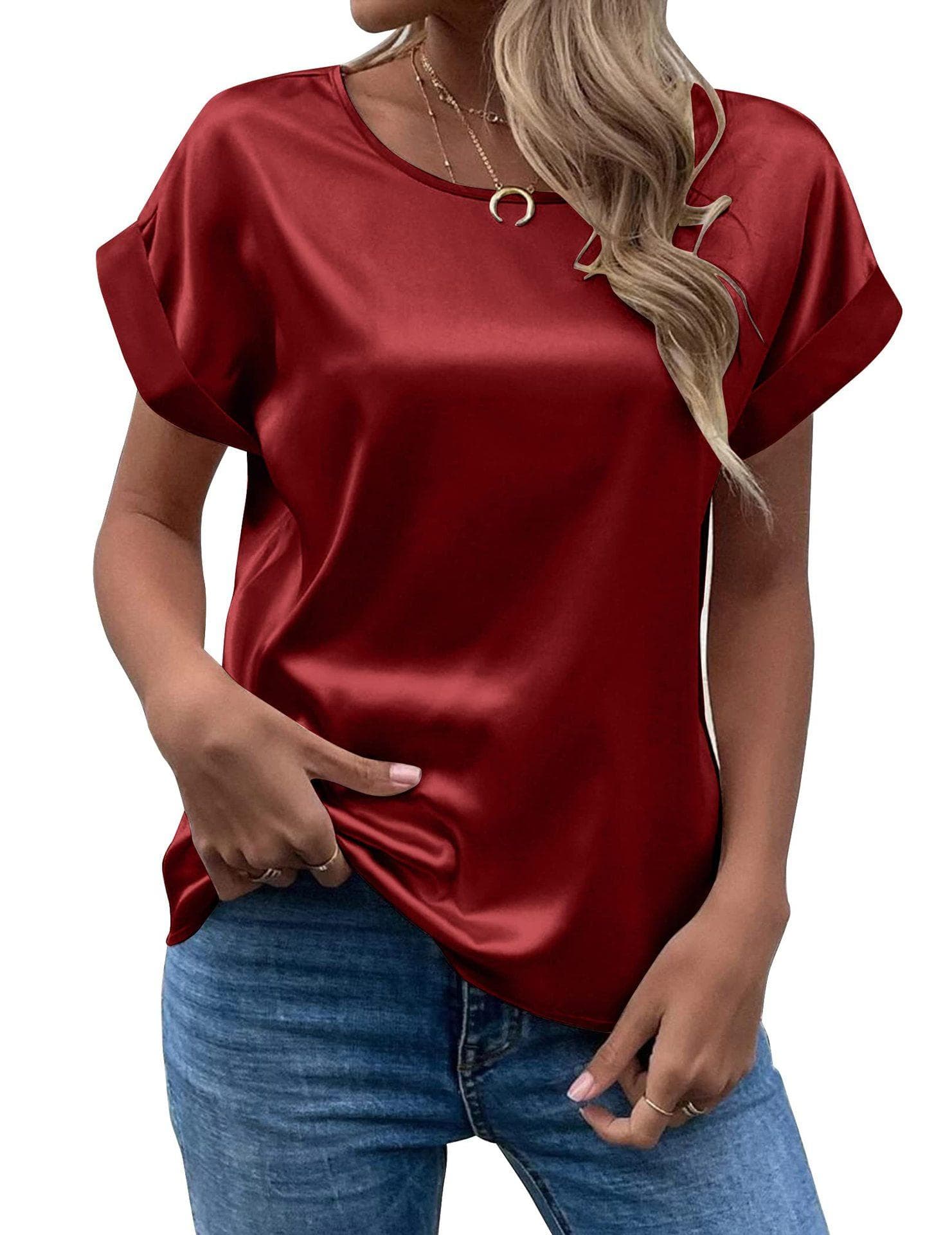 New Women's Short Sleeve Satin Shirt Loose Casual Round Neck Colored Ding T-shirt Women Spring and Summer L red