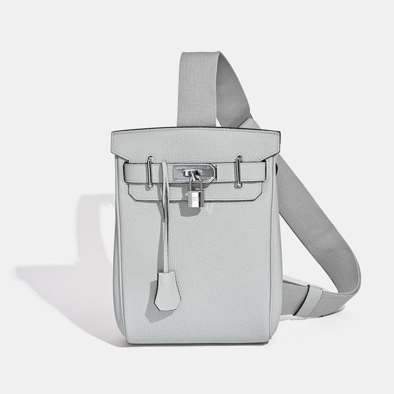 2025 New Unisex Top Layer Cowhide Chest Bag Shoulder Bag Genuine Leather Backpack With Lock Hanging Decoration 17 x 8 x 27CM+silver buckle