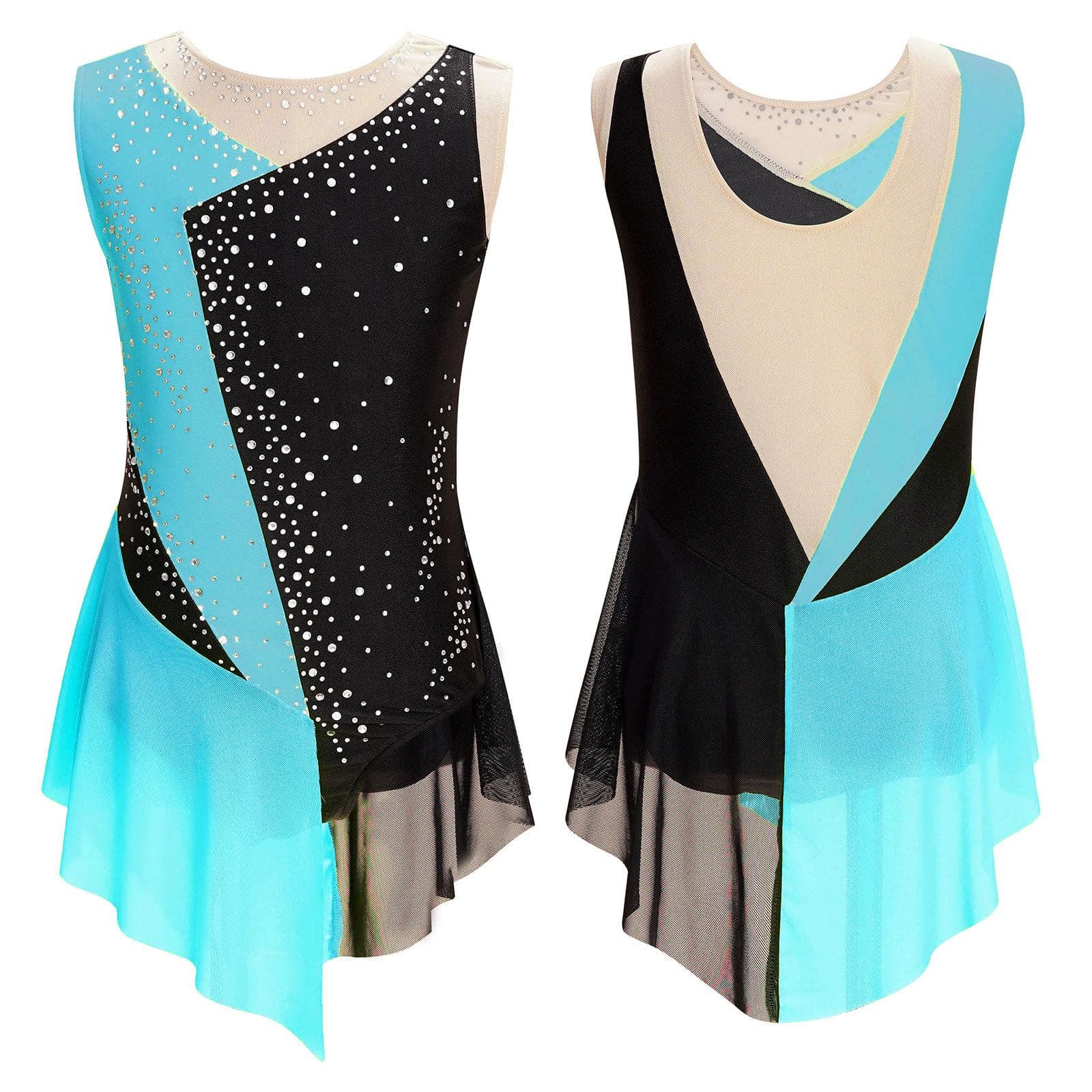 Kids Girls Shiny Rhinestone Sheer Mesh Sleeveless Bodysuit Ballet Figure Skating Gymnastics Leotard Dress green/blue