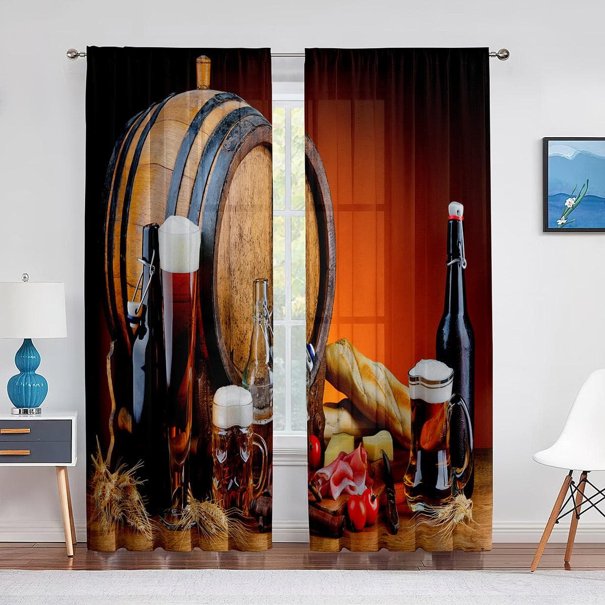 Glasses of Beer and Ale Barrel on Wooden Table Tulle Curtains for Living Room Bedroom Decor Chiffon Sheer Voile Kitchen Curtain 1 PCS W100XH250cm&Grommet Top