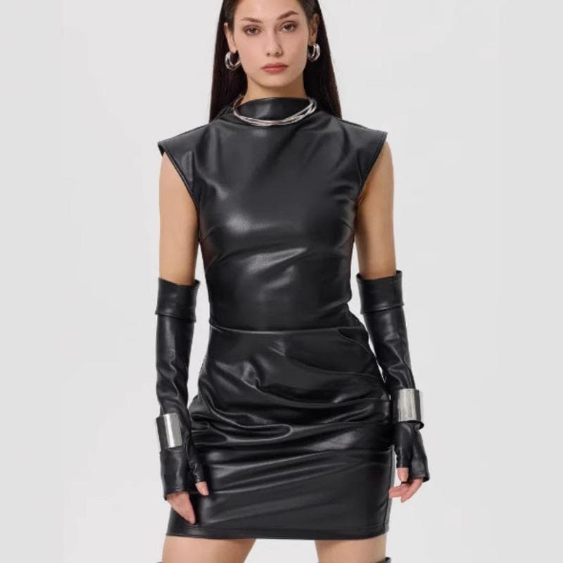 Sexy Woman Style Sleeveless Removable Sleeve Cover Hip PU Leather Skirt Temperament Tight Pleated Short Dress S