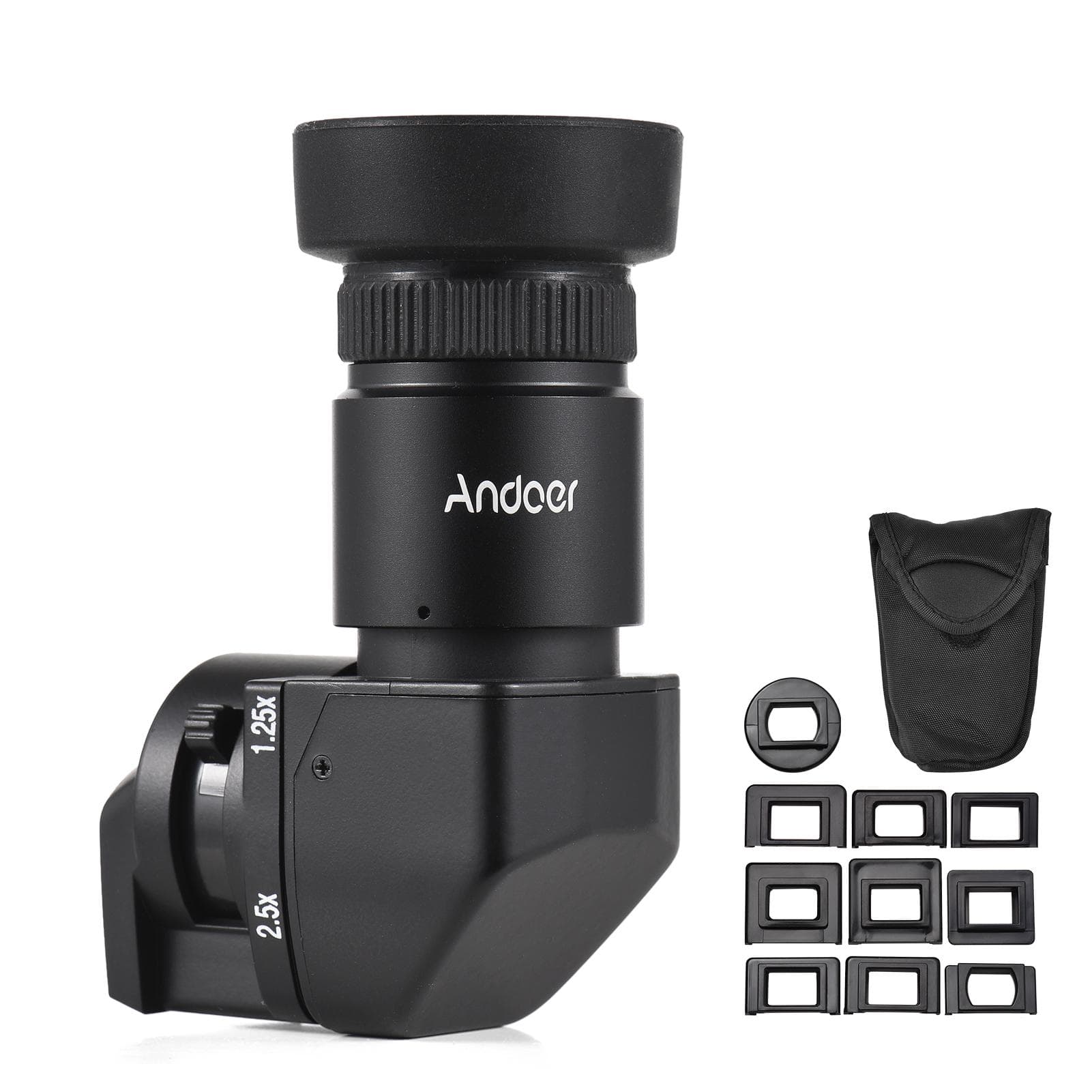 Andoer Camera Viewfinder 1.25X/ 2.5X Magnification Right Angle Viewfinder with 10 Mounting Adapters black