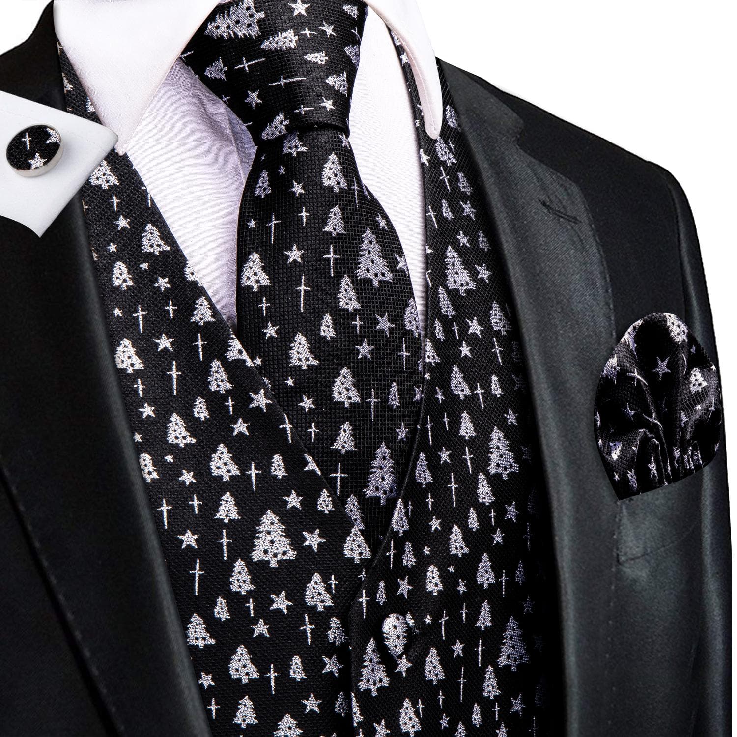 Hi-Tie Tuxedo waistcoat for Men Suit Vest Necktie Handkerchief Cufflinks Set for Wedding Business 3XL