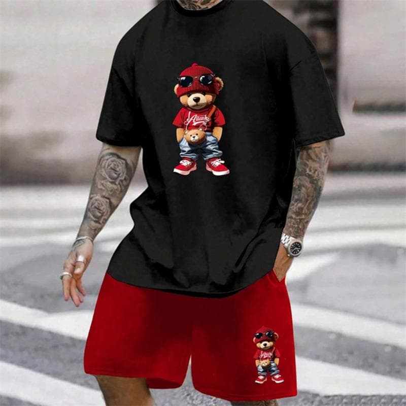 2025 Fun Bear Harajuku T-Shirt Men's Summer Loose Daily Couple Suit Outdoor Street Short Sleeve Shorts Two Piece Men Summer Suit 2XL