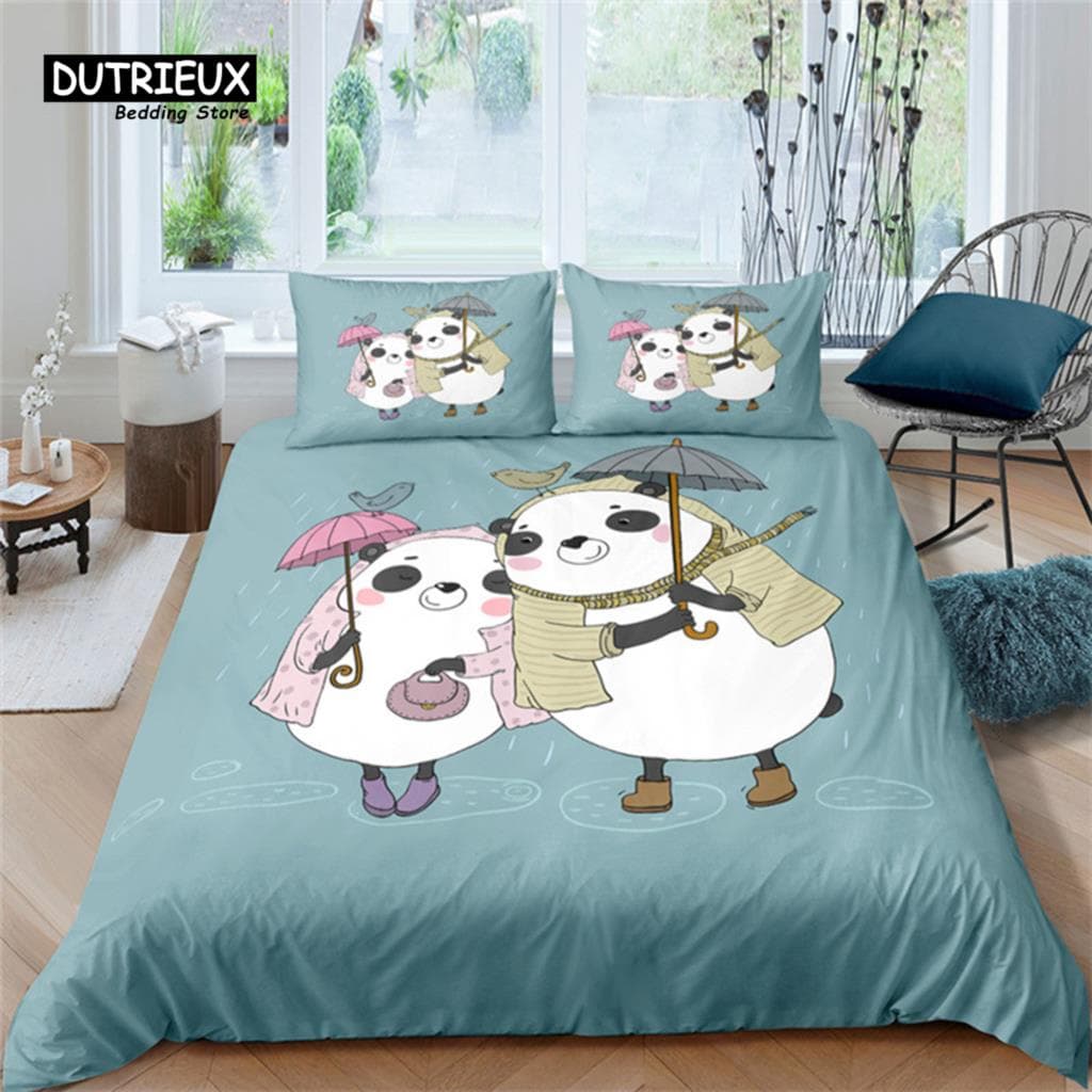 Cartoon Cute Panda Duvet Cover Twin For Boys Girls Kids Teens Soft Animal Theme Panda Bedding Set With Pillowcases Bedroom Decor US Twin(172x218cm)