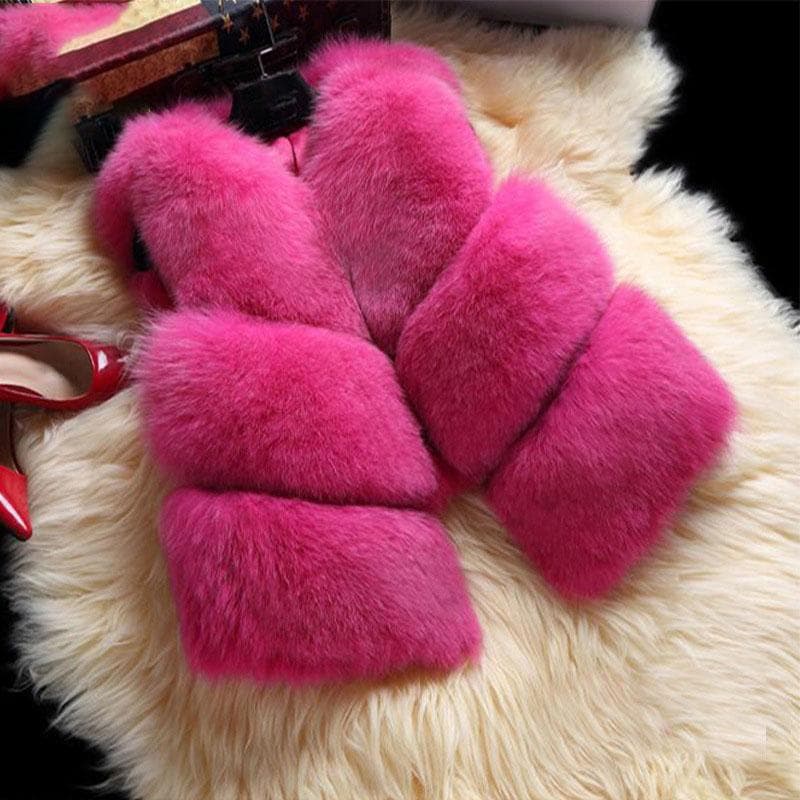 Autumn Winter Thick Warm Faux Fox Fur Vest Women High Quality Fashion V-Neck Short Fur Coat Female Fur Waistcoat XXL rose red