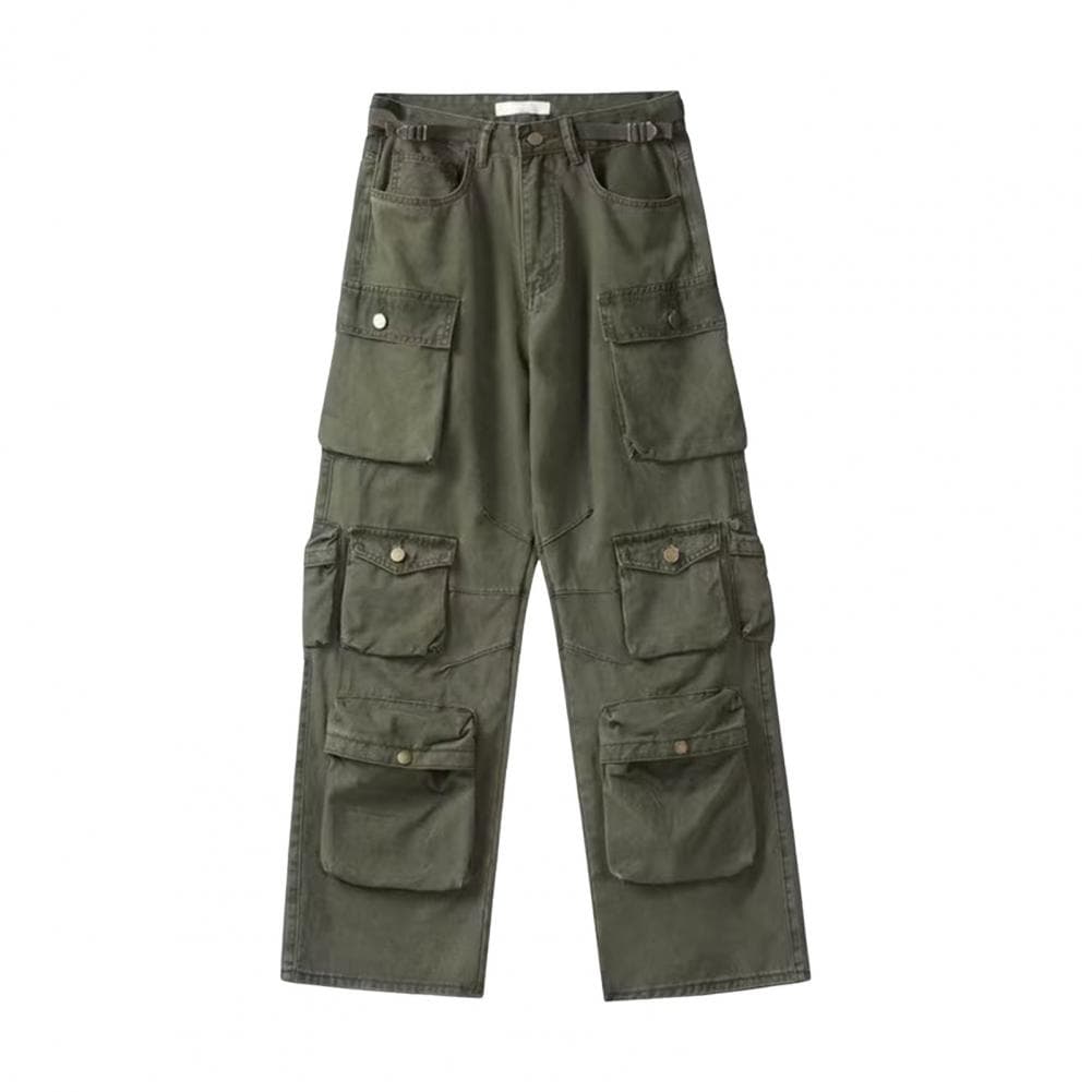 Unisex Cargo Pants Loose Adjustable Waist Solid Color Wide Leg Straight Multi Pockets Streetwear Outdoor Travel Trousers XL