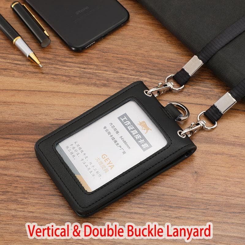Genuine Leather ID Card Holder Reporter Police Office Worker Neck Lanyard Badge Name Tag Chest Cards Cases Business Work Card Credit Card Holder Vertical&Double Buckle Lanyard