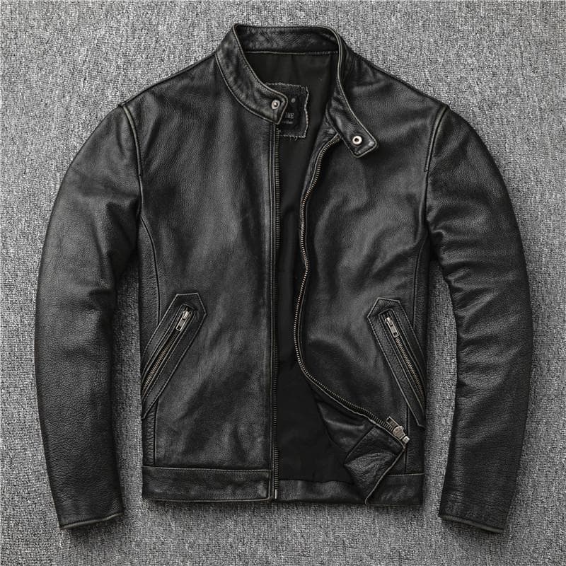 First-layer Cowhide Motorcycle Leather Jacket Genuine Leather Jacket for Men with Distressed Stand-up Collar Short Style XL