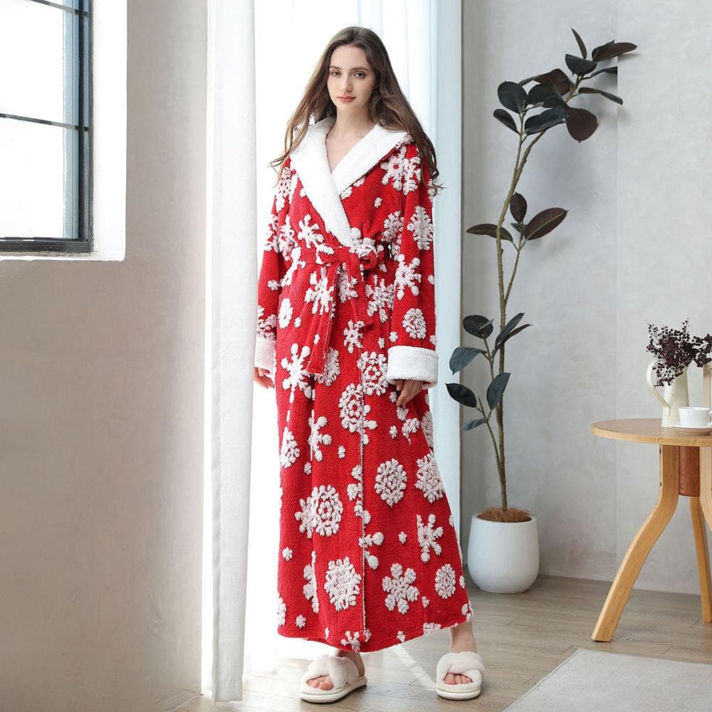 Christmas Winter Flannel Hooded Thermal Nightgown for Women Thickened Soft Pajamas Snowflake Cartoon Jacquard Bathrobe XL