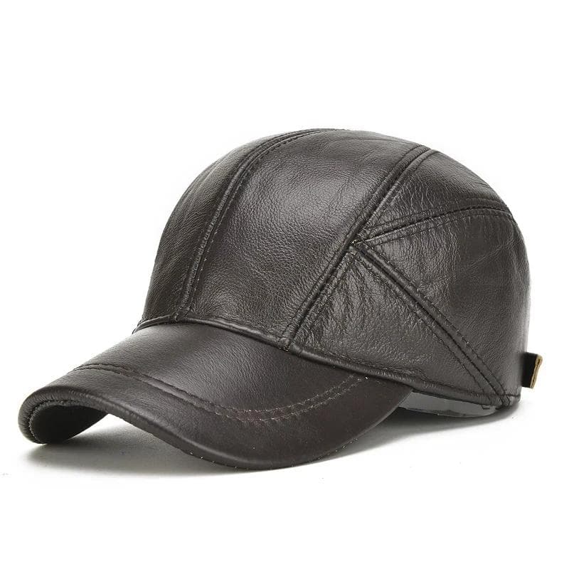 New Casual Leather Outdoor Baseball Cap Men's Cowhide Earmuffs Men's Autumn and Winter Cowhide Hat Father's Birthday Gift Dark brown