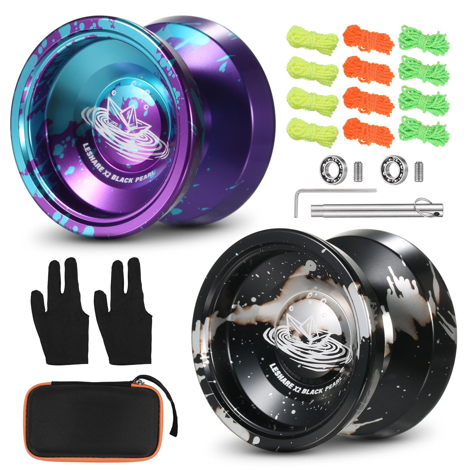 2pcs Aluminum Alloy Yoyo Ball Competitive Yoyoball with Bearing Strings Storage Case and Glove black/silver