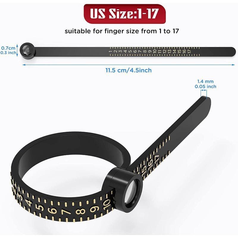 Ring Sizer, Reusable Finger Size Measuring Tape with Magnified Glass, Clear and Accurate Jewelry Sizing Tool 1-17 USA Rings Size YSXX US black