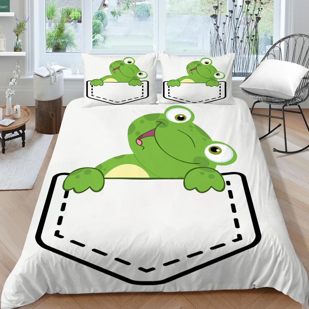 Animal Frogs Duvet Cover Set King Queen Size Green Lovely Cartoon Frog Bedding Set Kids Toad 2/3pcs Polyester Comforter Cover 70x133cm 2pcs