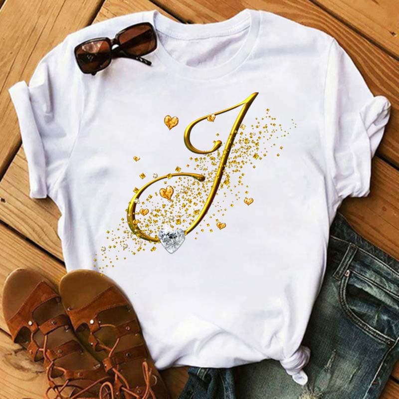 Custom Name Letter 3D Printe Women T-shirt Diamond Gold Letter Font A B C D E F G Black T-shirt 5XL