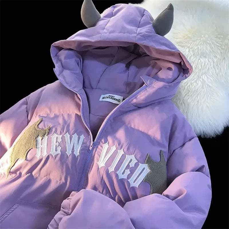 FiveFive Couples Winter Casual Hooded Jacket Embroidered Cotton-padded Y2K Jackets Coats Jacket In Winter XL purple