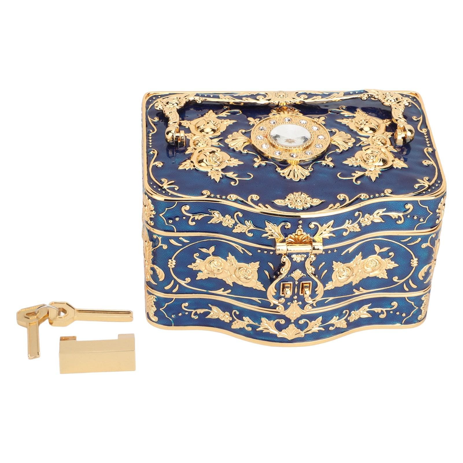Vintage Rectangular Jewelry Box 3 Layers Small Enameled Trinket Box Organizer for Women Blue blue